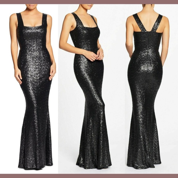 NWT $300 Dress the‎ Population Raven Sequin Gown Matte Black [SZ Medium ] - Picture 1 of 8